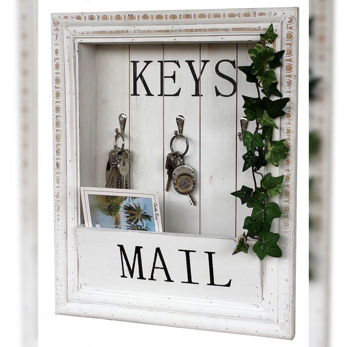 DanDiBo Wandorganizer Vintage Schlüsselbrett Holz mit Ablage 18SE011 Weiß 38 cm Schlüsselboard Briefablage Schlüsselkasten Shabby Chic Memoboard Image