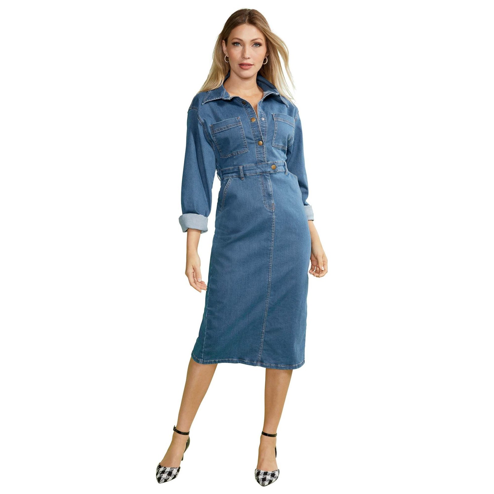 Masseys Denim Dress (Size 32W) Medium Wash, Cotton,Denim,Elastine,Polyester