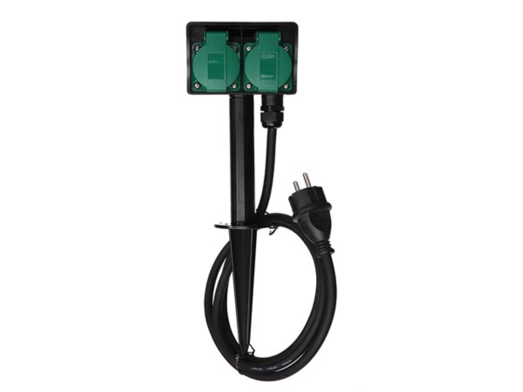 Perel Außensteckdose mit Erdspieß, 2 Schuko-Steckdosen mit Klappdeckeln, IP44, 1,5 m H07RN-F Kabel, für Garten & Werkzeuge Image
