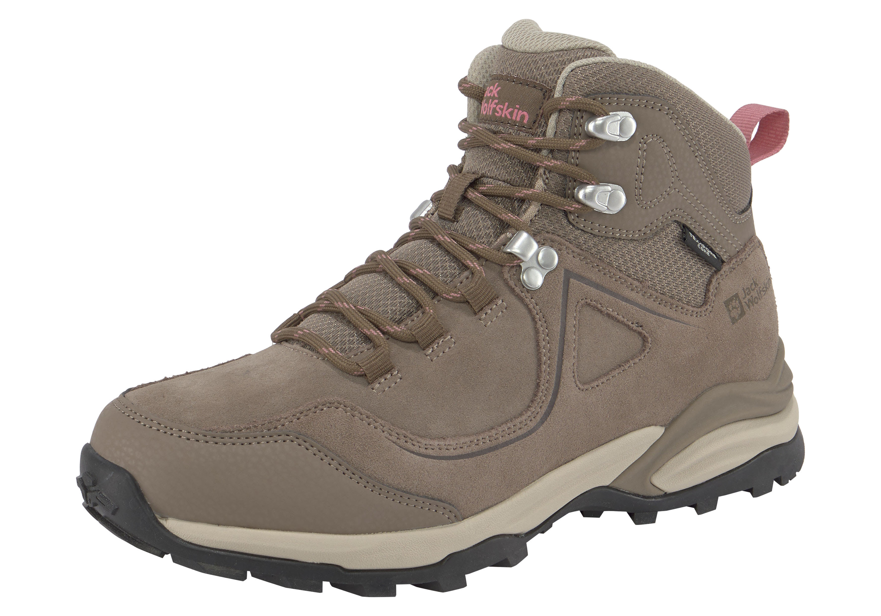 Wanderschuh JACK WOLFSKIN "SUNSET HIKE TEXAPORE MID W", Damen, Gr. 42,5, grau (sand), Leder, Textil, Schuhe Wanderschuh, Wasserdicht, Trekkingschuh
