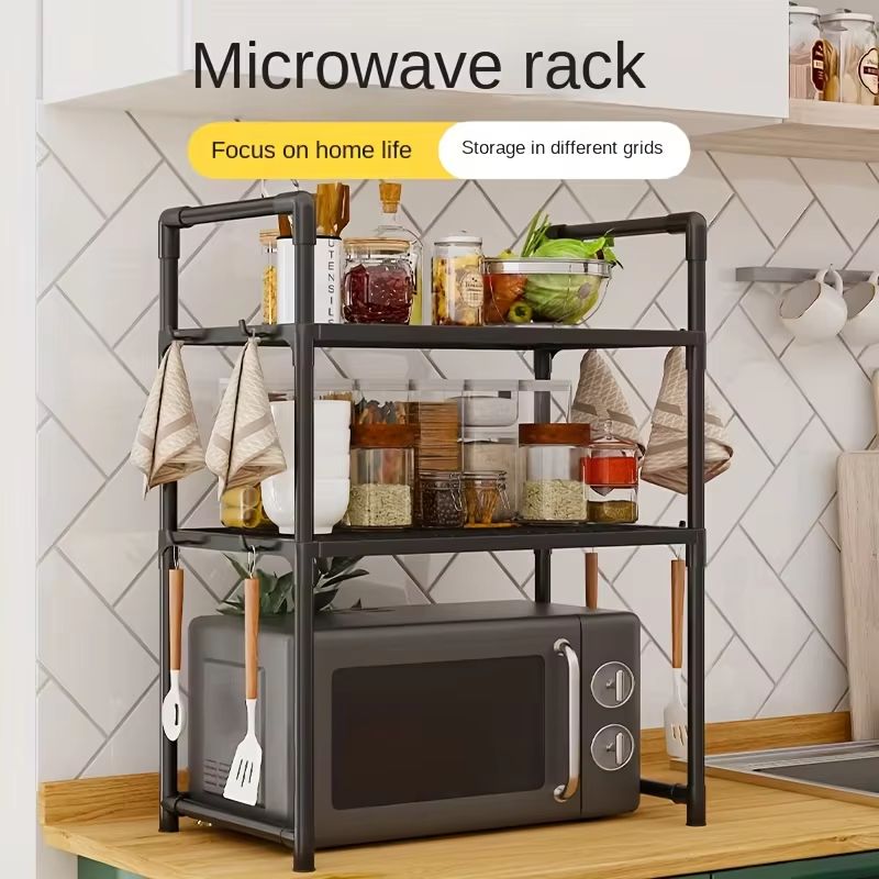 Heavy Duty Kitchen Baker's Rack Floor Standing Microwave Oven Stand With 2 Tier Storage Shelf 2 Layers Black