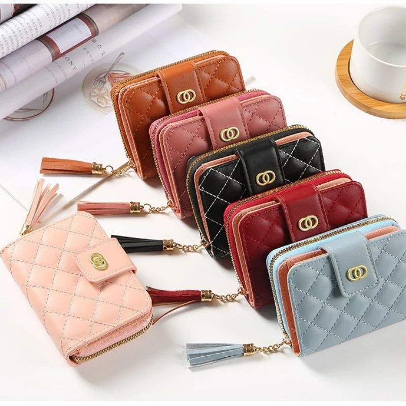 Premium Womens Minimalist Short Wallet Large Capacity Purse With Tassel Accent blue