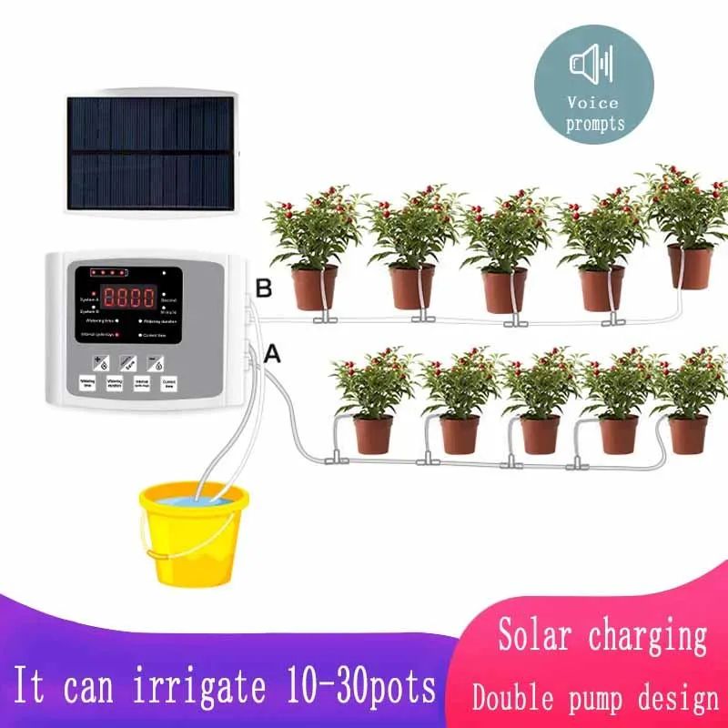 Solar Smart Dual Zone Garden Irrigation Controller Automatic Drip Watering System double Pump 10m Gray