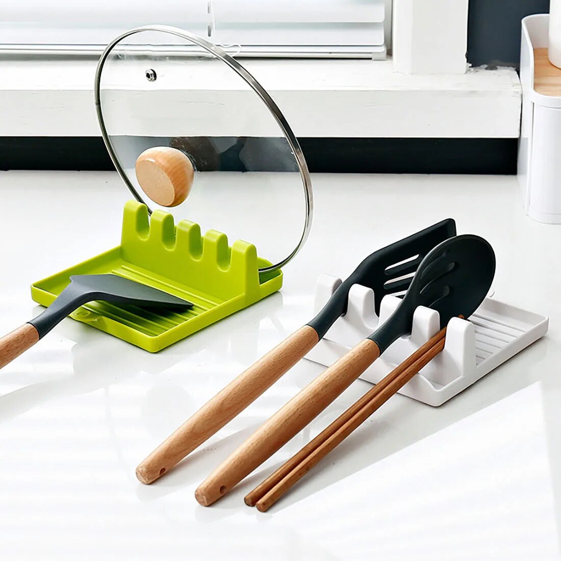 Kitchen Utensil Rack & Pot Lid Holder Space Saving Shelf For Spoons, Chopsticks & More white