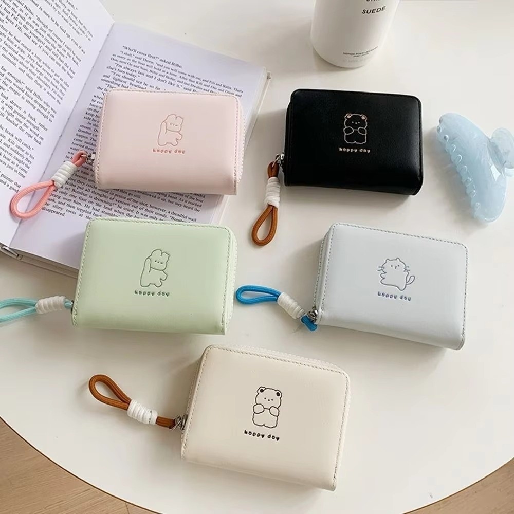 Cute Cartoon Women Wallet Bear Rabbit Cat PU Leather Coin Purse Short Wallet For Everyday Use light Green