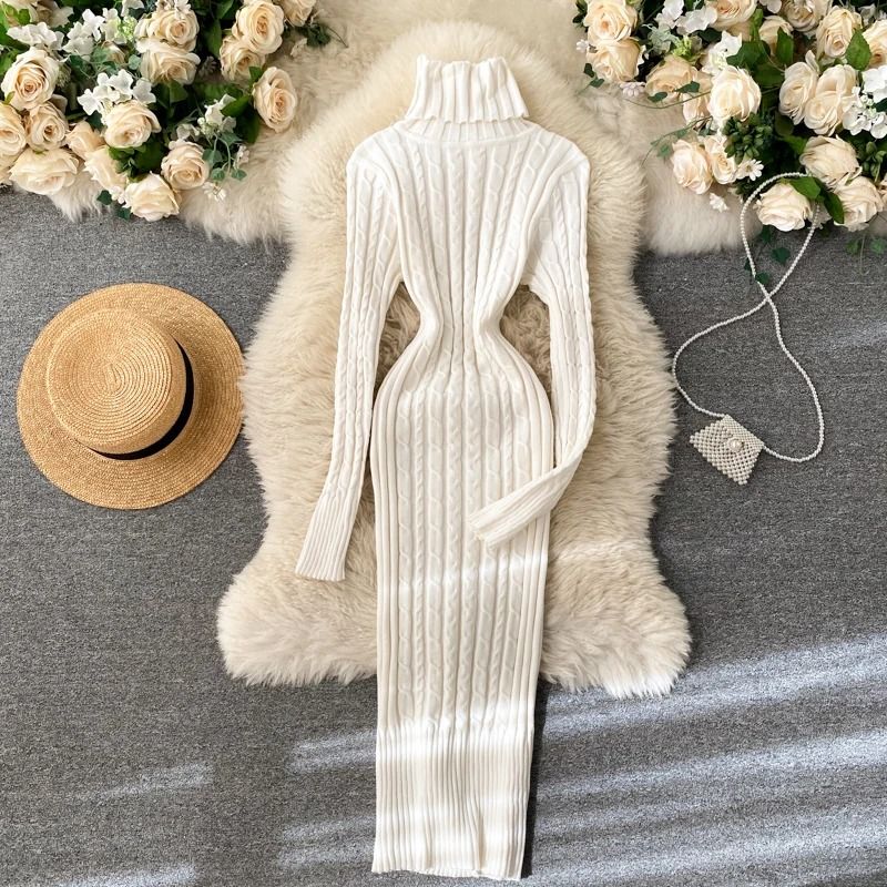 Seoulish Autumn Winter Twist Women's Wrap Knitted Bodycon Long Sleeve Sheath Dress khaki