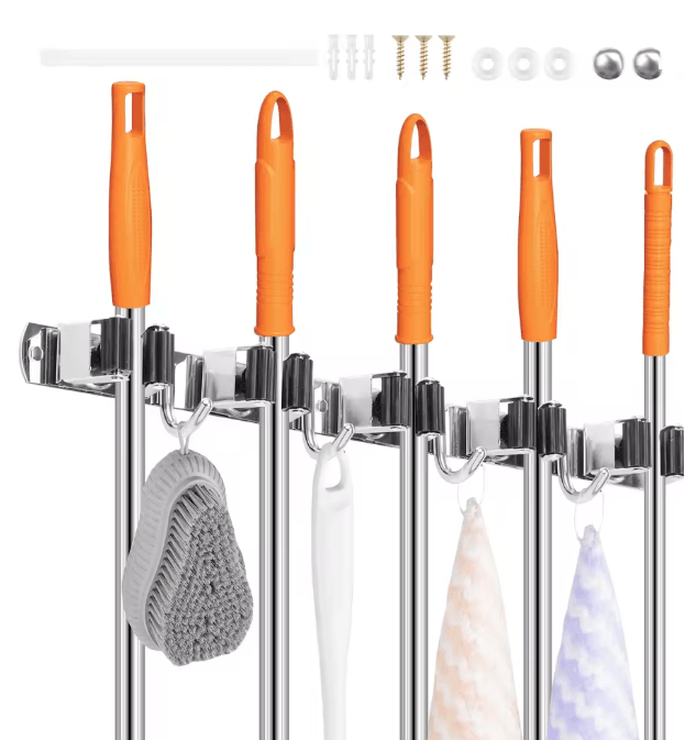 SteelHold Wall Mounted Mop And Broom Organizer Stainless Steel Holder 3 Clips And 4 Hooks