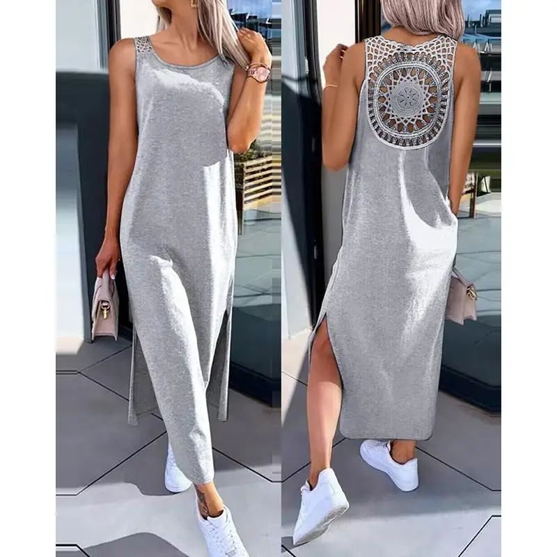 Sleeveless Midi Summer Dress Flowy Hollow Casual Slit Dress For Women gray Xxxl(us 16)