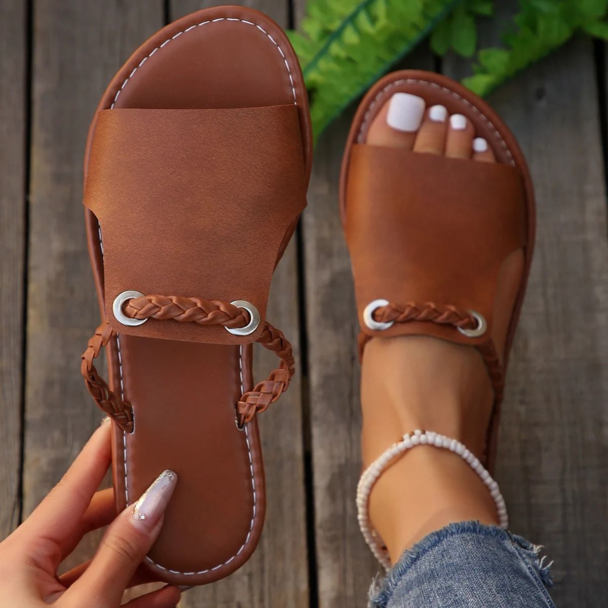 Women Square Toe Cross Strap Flat Sandals Summer Flip Flops Beach Slippers brown 3 36