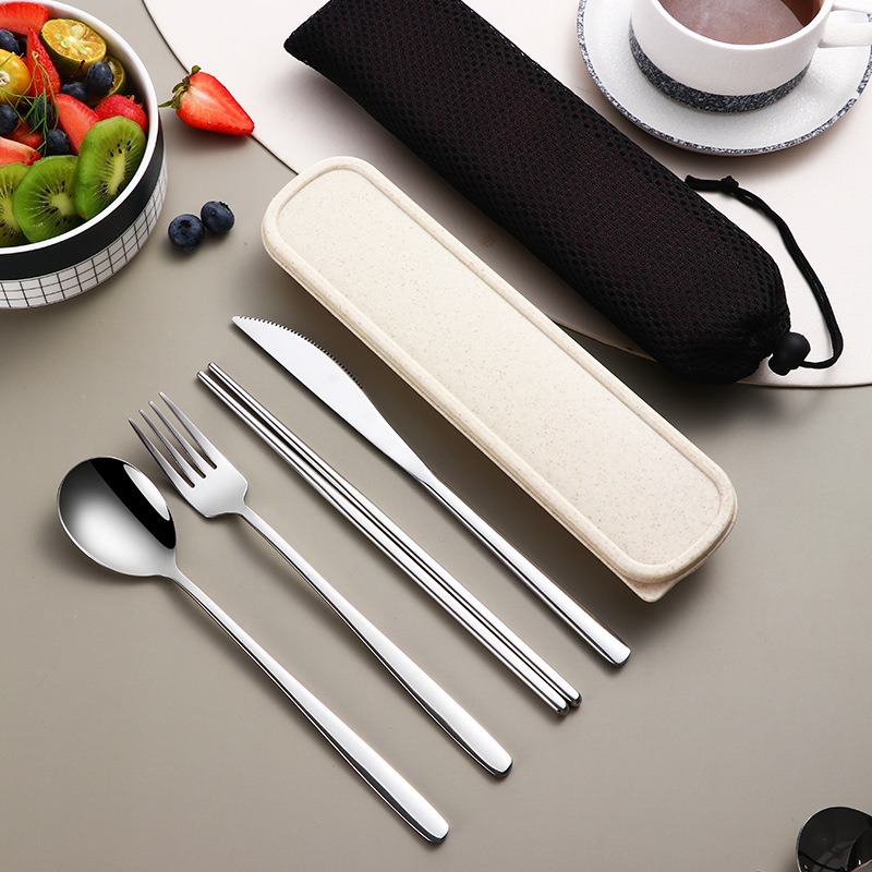 Portable Cutlery Set With Box, Stainless Steel Dinner Knife Fork Spoon Chopsticks, Four piece Tableware For Travel gold