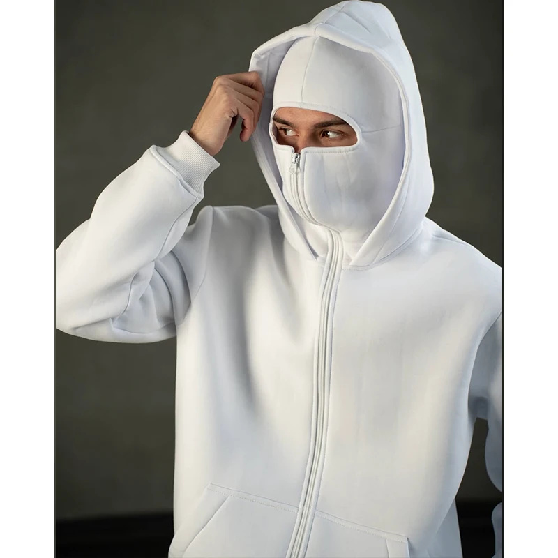 Men Balaclava Hoodie Double Hooded Sweatshirt With Zipper Mask For Gothic Streetwear white xxl
