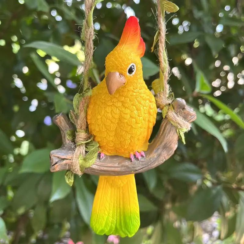Tropical Parrot Garden Hanging Statue Resin Outdoor Animal Decor With Wooden Swing Tropical Parrot Garden Hanging Statue Resin Outdoor Animal Decor With Wooden Swing