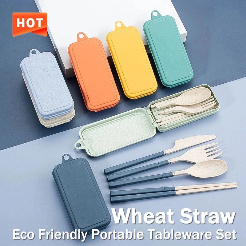 EcoLite 4 Piece Portable Travel Cutlery Set Sustainable Eco Friendly Wheat Straw Tableware With Case beige