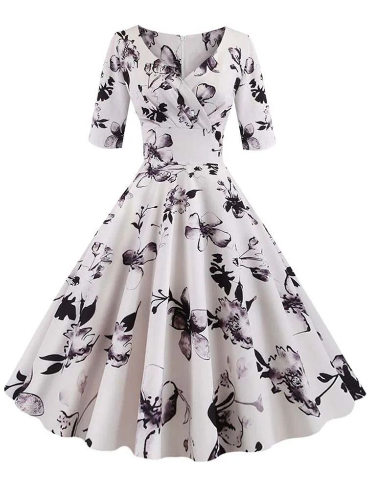 Vintage Floral A Line Summer Dress Half Sleeve Black Retro Party Dress For Women 5 xxl(us 14)