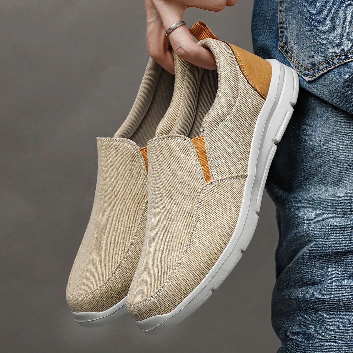 Mens Breathable Canvas Shoes Slip On Walking Sneakers Comfortable Summer Loafers For Everyday Wear khaki 46