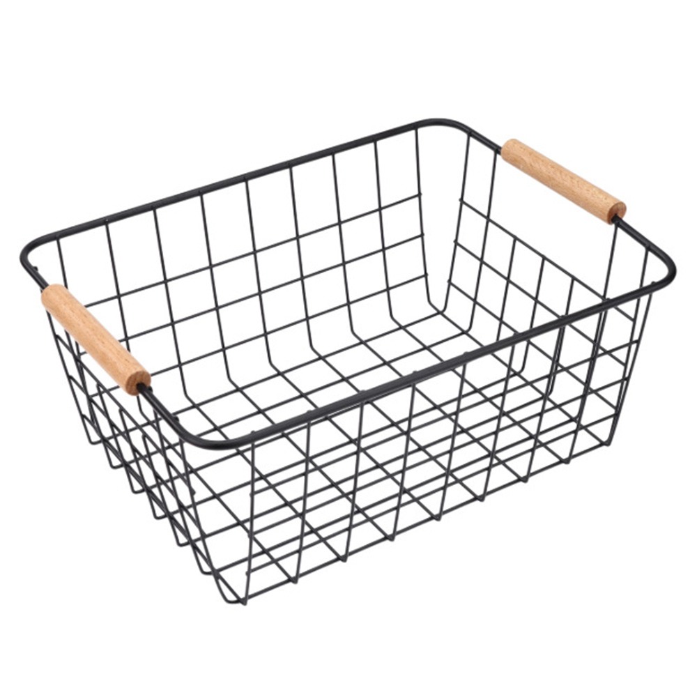 Metal Desktop Storage Basket With Wood Handle Large Capacity Iron Wired Basket For Sundries black s
