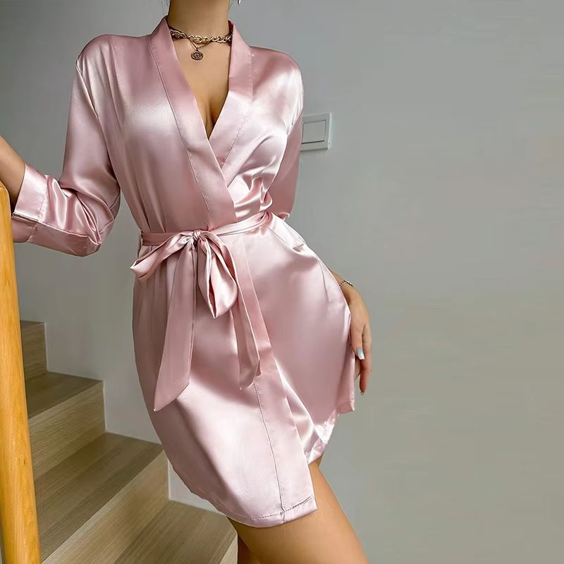 Women's Satin Kimono Bathrobe With Belt Soft Spa And Bridesmaid Robe pink l