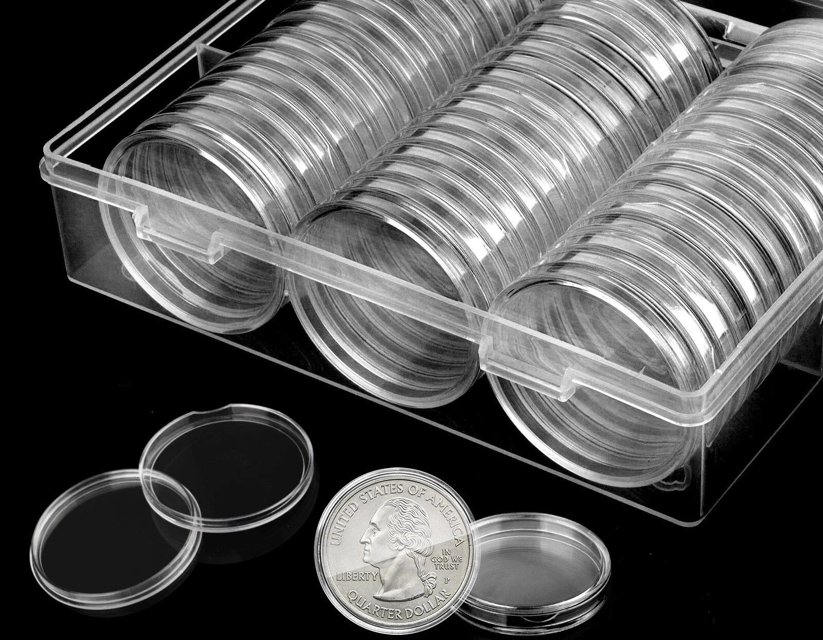 Coin Box Holder With Capsules, Fits US Silver Eagle Coins, Clear, Durable Plastic Storage Coin Box Holder With Capsules, Fits US Silver Eagle Coins, Clear, Durable Plastic Storage