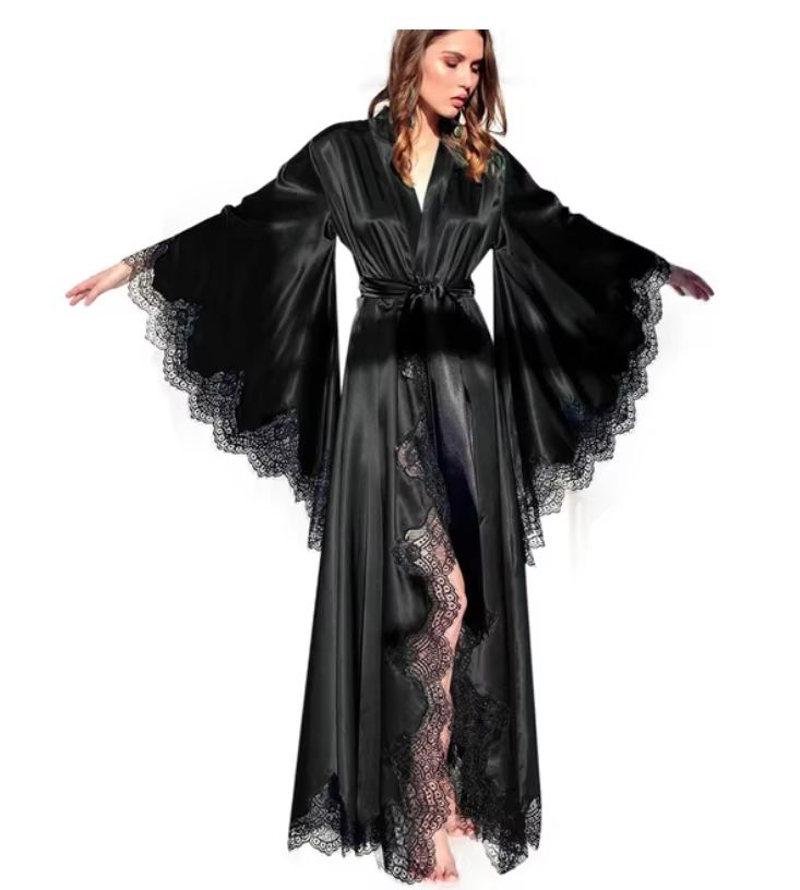 Women's Long Black Silk Satin Lace Trim Kimono Robe For Photo Shoot And Wedding wine Red xxxl