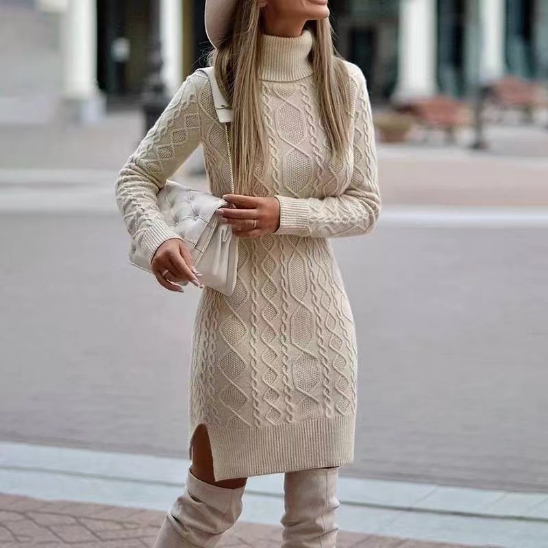 Elegant Winter Knit Sweater Dress With Wrap Hip Skirt And High Neck apricocolor xxl