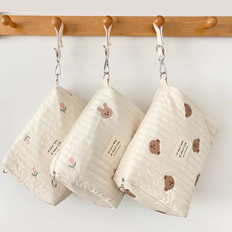 Embroidered Mommy Diaper Bag With Zipper And Stroller Storage Pouches bear