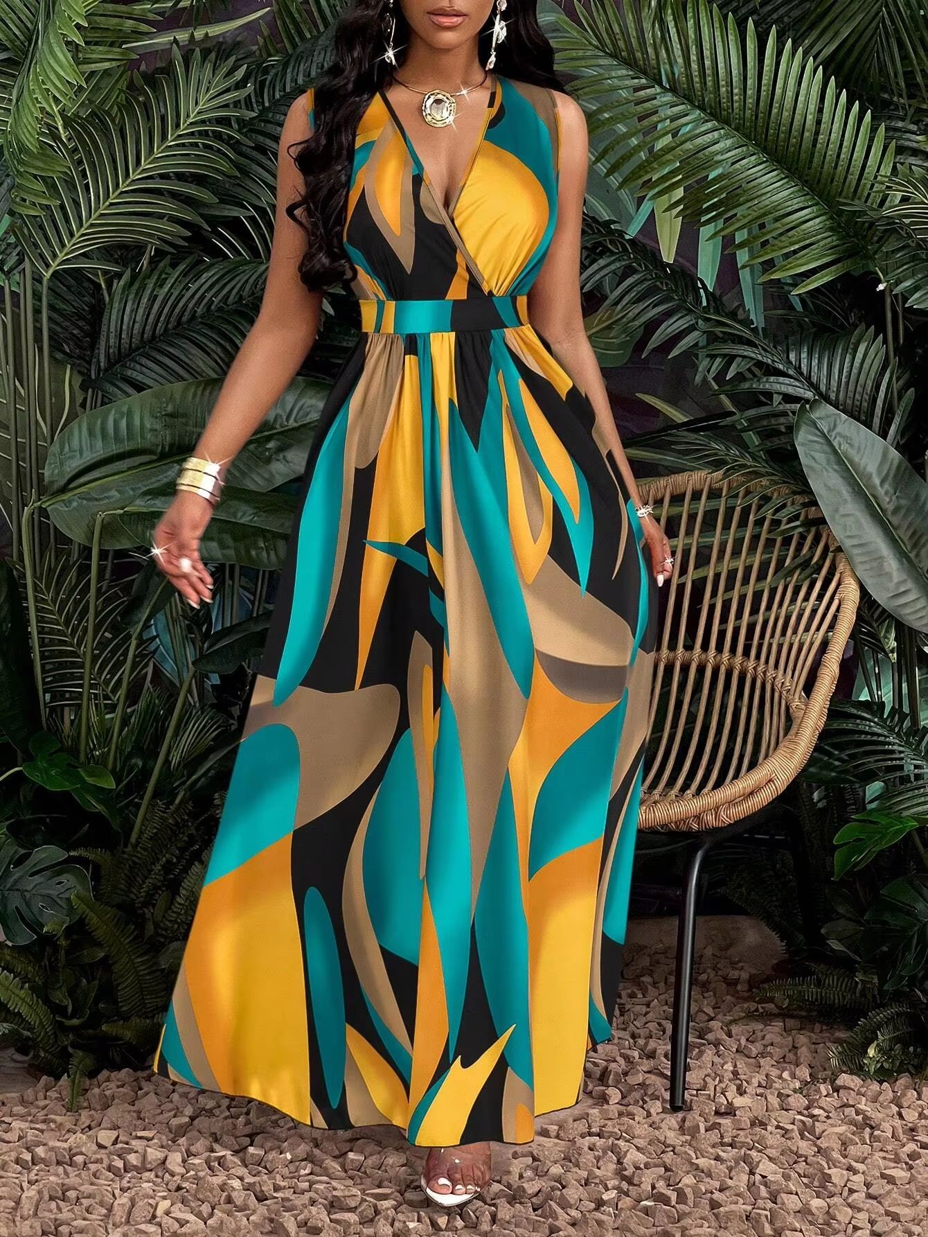 Tropical Print V Neck Maxi Dress For Women l(us 08 10)
