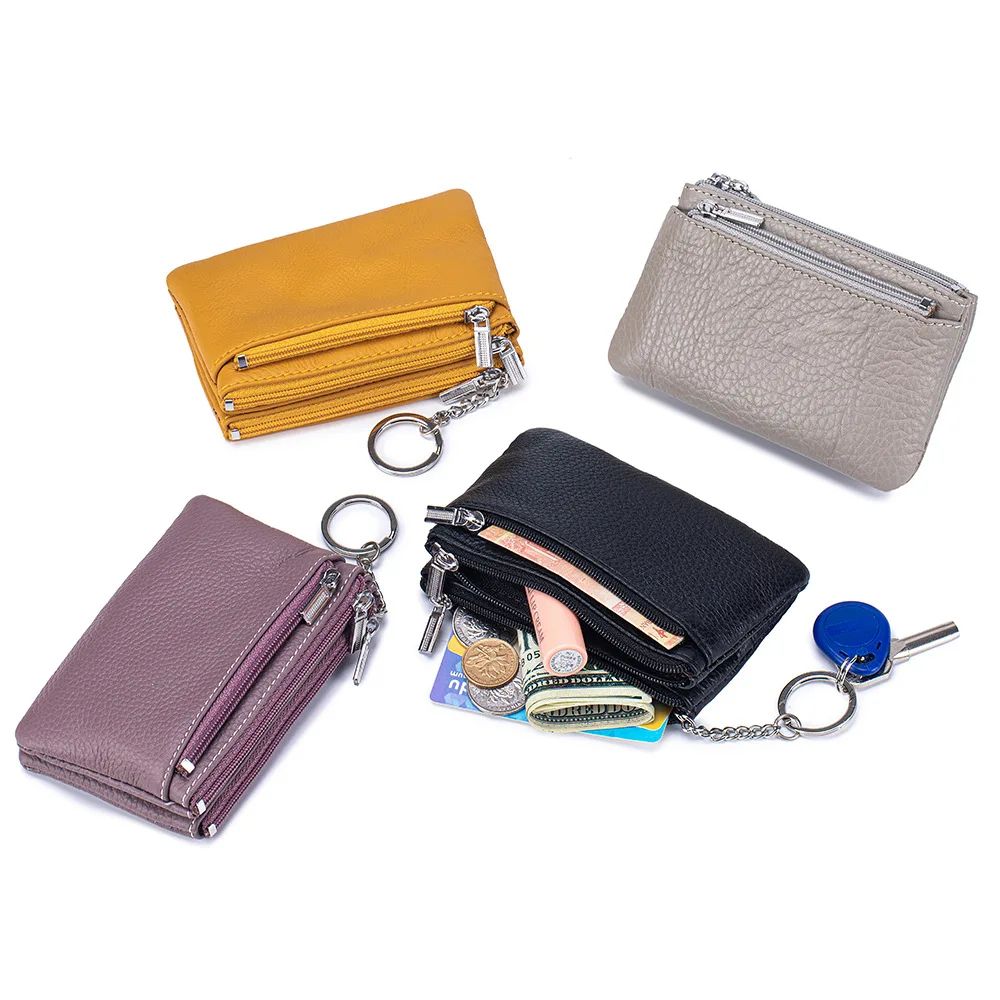 Soft Genuine Leather Zipper Wallet For Women, Large Capacity Coin Purse With Keychain dark Blue