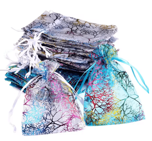 Organza Gift Bags With Drawstring Colorful Tree Print Jewelry & Party Packaging (100pcs) blue 13x18cm 100 Pcs