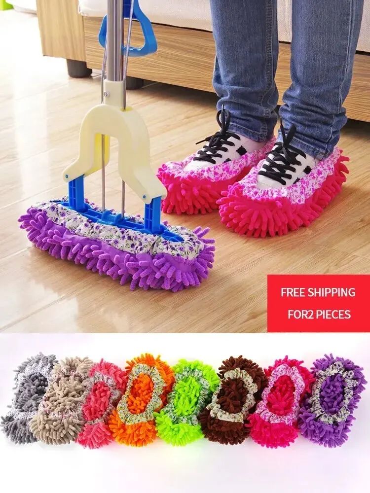 Chenille Mop Slippers 1 Pair Reusable Floor Cleaning Slippers Dust Pickup Shoe Covers blue