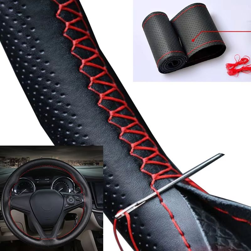 Car Steering Wheel Cover DIY Stitching Kit With Artificial Leather Thread And Needles 3 Color Suite gray