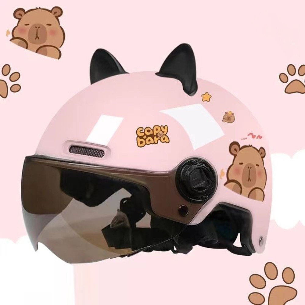 Breathable Sunscreen Motorcycle Half Helmet, Capybara Sticker Electric Bicycle Helmet With Cat Ears pink Lenses