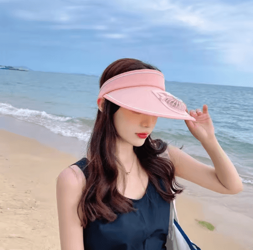 Breathable Cooling Fan Sun Visor Hat With USB Rechargeable Fan pink