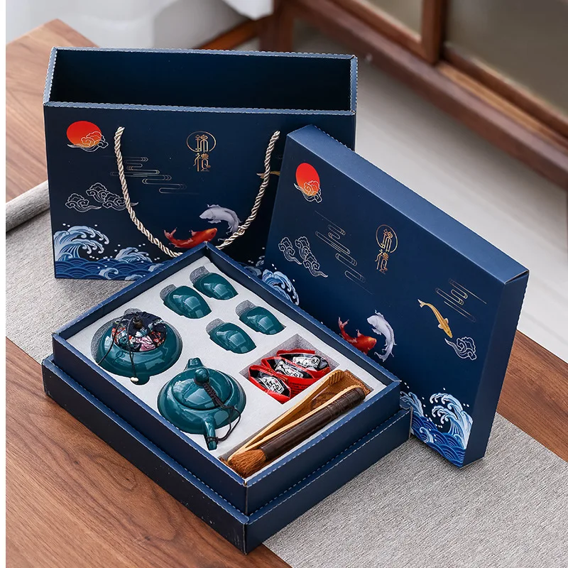 Chinese business gift tea set household celadon one pot four cup incense burner sandalwood combination set