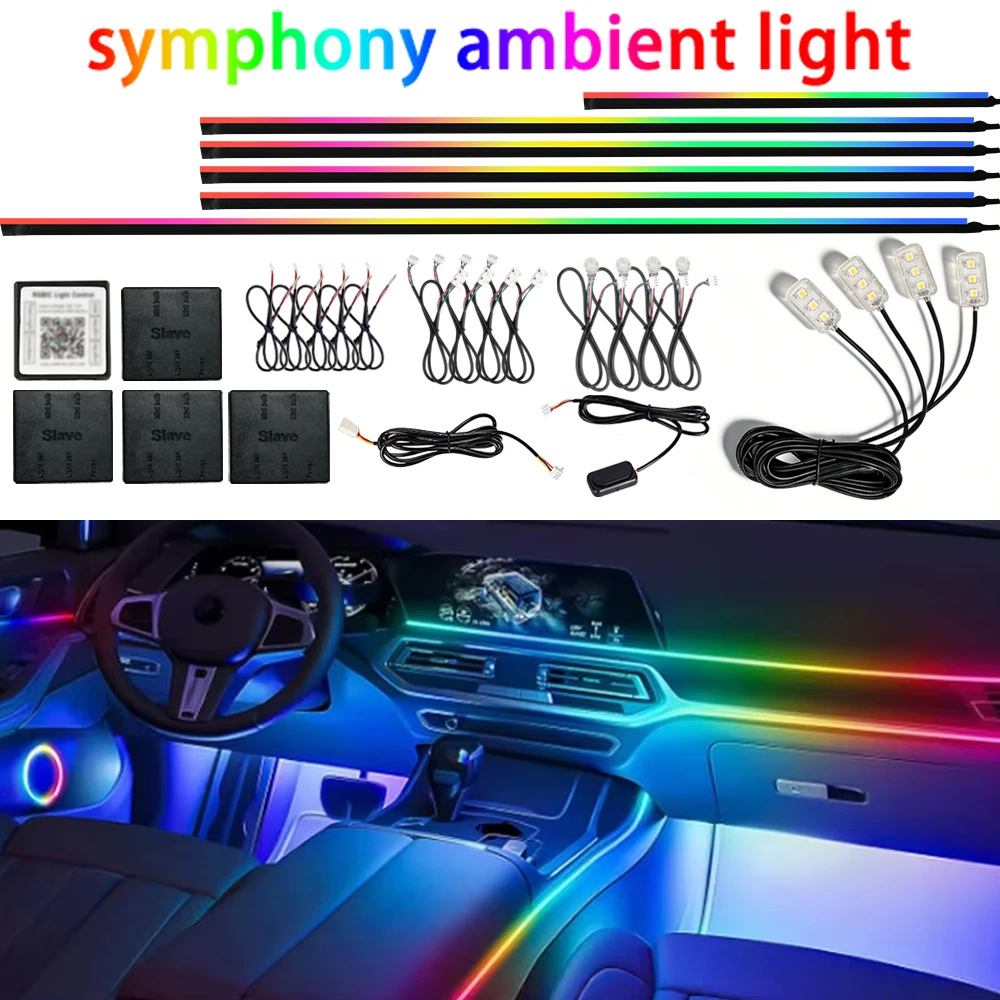 18-in-1 Vollfarbige Streamer-Auto-Ambientebeleuchtung RGB 64 Farben Universelle LED-Innenbeleuchtung Versteckte Acryl-Streifen Symphonie-Atmosphärenlampe Image