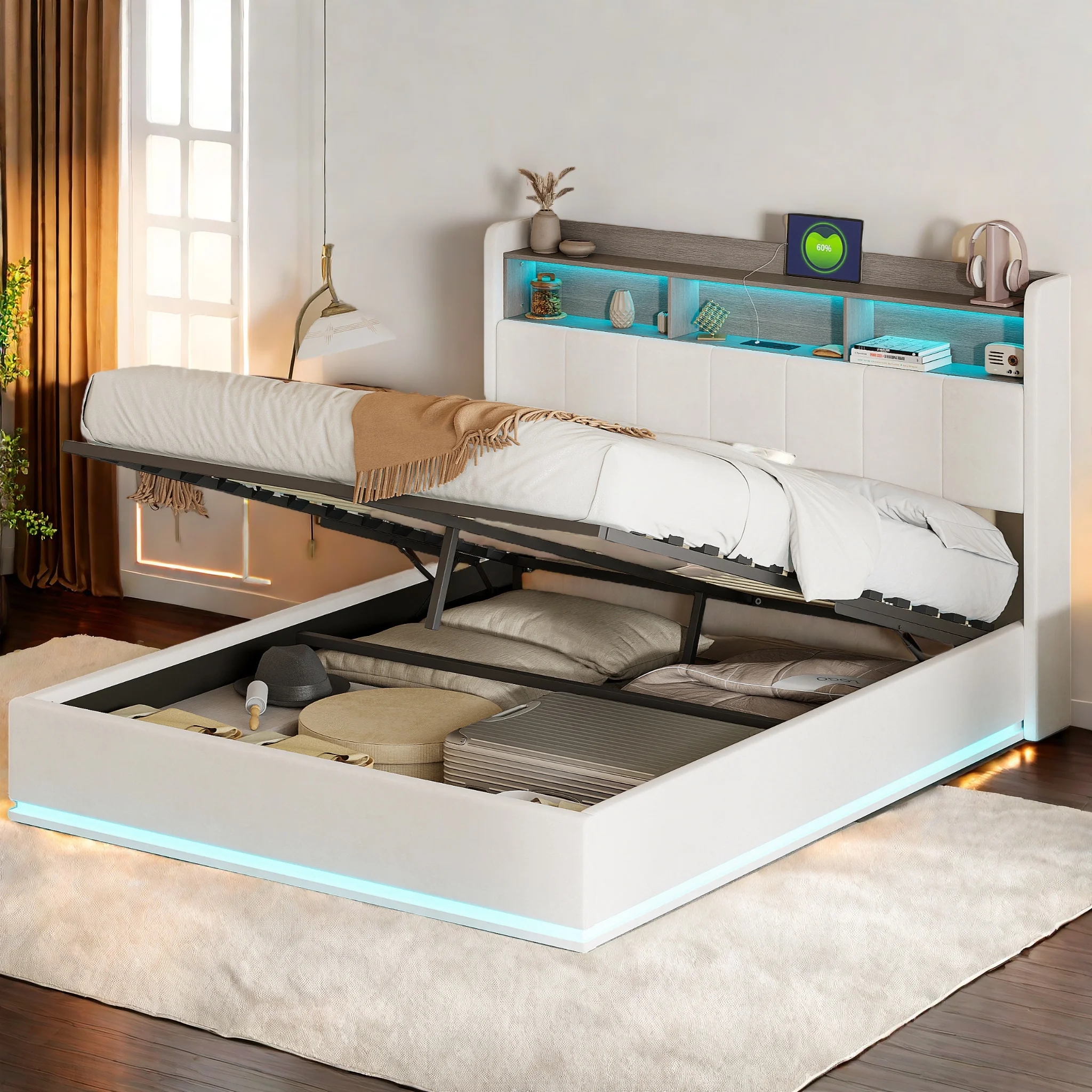 Boxspringbett 160x200 cm, mit LED-Lichtleiste und Staufächern, Bettgestell, Doppelbett, Bett mit Stauraum, Plüsch, weiß Image