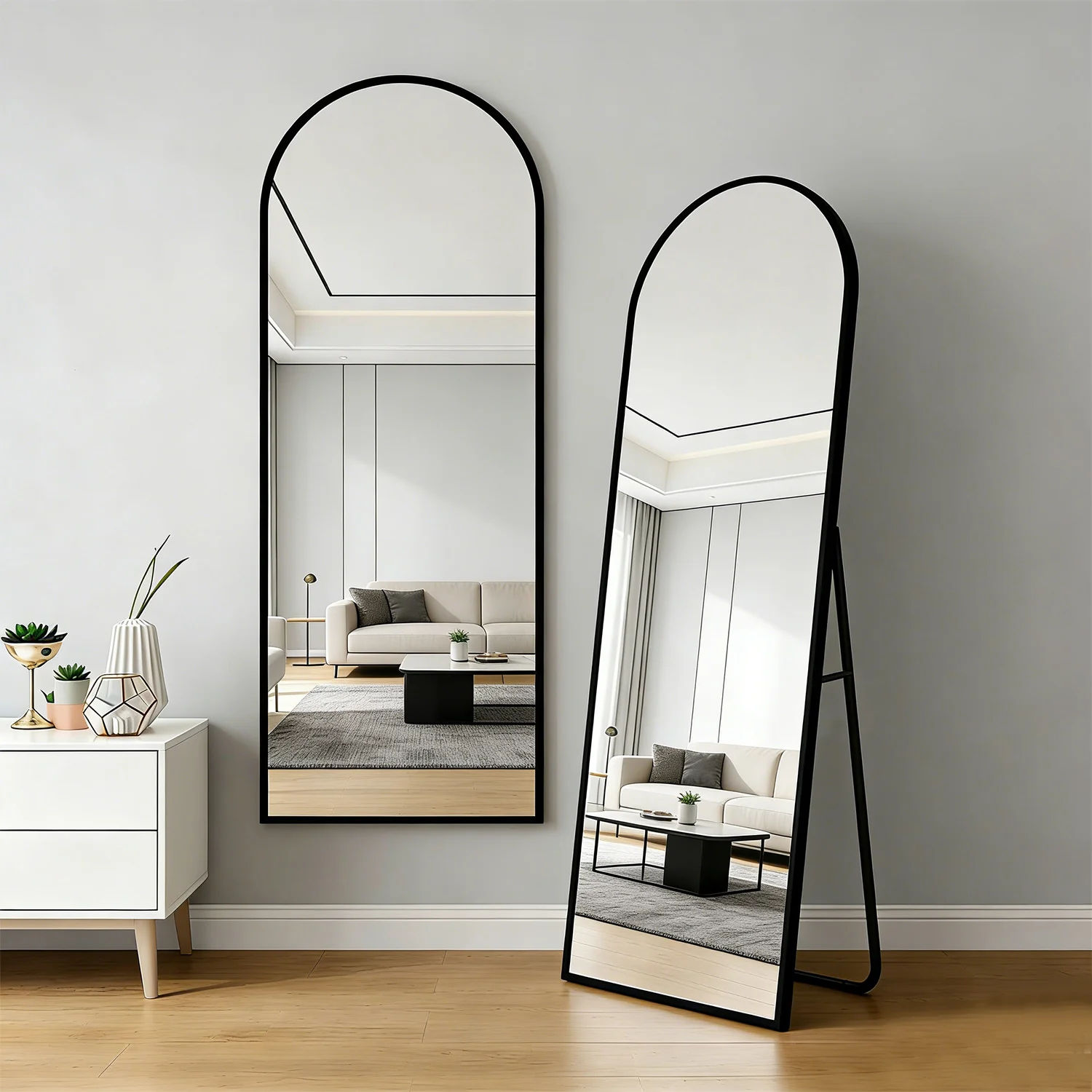 Gebogener Ganzkörperspiegel 60x165 cm, Standspiegel zum Stehen, Anlehnen oder Aufhängen. Für Schlafzimmer, Wohnzimmer, Ankleidezimmer. Schwarz.