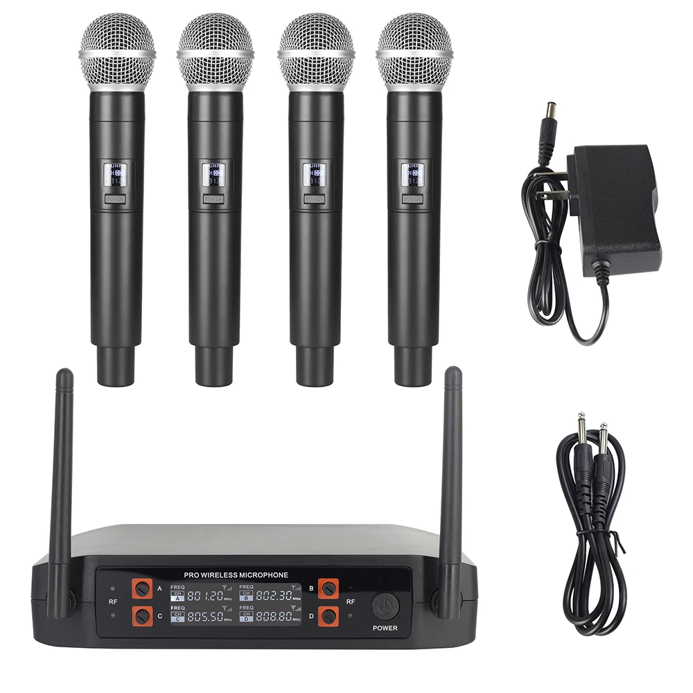 Microfono wireless portatile Microfono dinamico a frequenza fissa UHF a 4 canali per spettacoli in chiesa di fascia per feste di matrimonio Karaoke