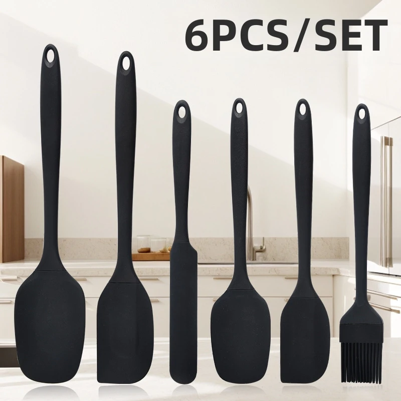 6-teiliges Macaron-Silikon-Küchenutensilien-Set – Antihaftbeschichtet, hitzebeständig, Koch- und Backwerkzeuge, großer Schaber/Ölpinsel/langer Spatel Image