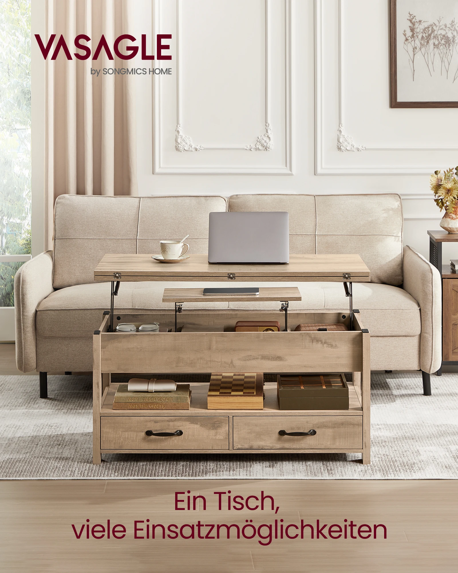 VASAGLE Couchtisch, höhenverstellbarer Wohnzimmertisch, Gaszylinder, 2 Schubladen und 3 versteckte Fächer Image