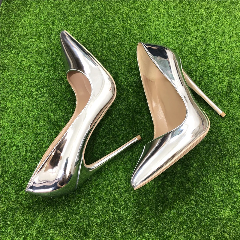 Shiny silber sexy nacht club party hochzeit schuhe frauen dünne hohe absätze rutschen auf spitz 12cm stiletto pumps QP110 ROVICIYA