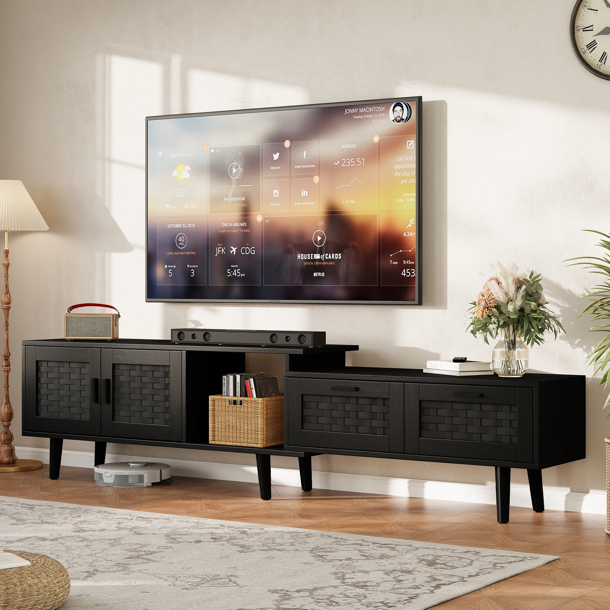 Meubles TV Anajqaqia 169×29.8×44 cm, meuble TV moderne, avec coins de table et poignées métalliques, portes de meuble et tiroirs de rangement