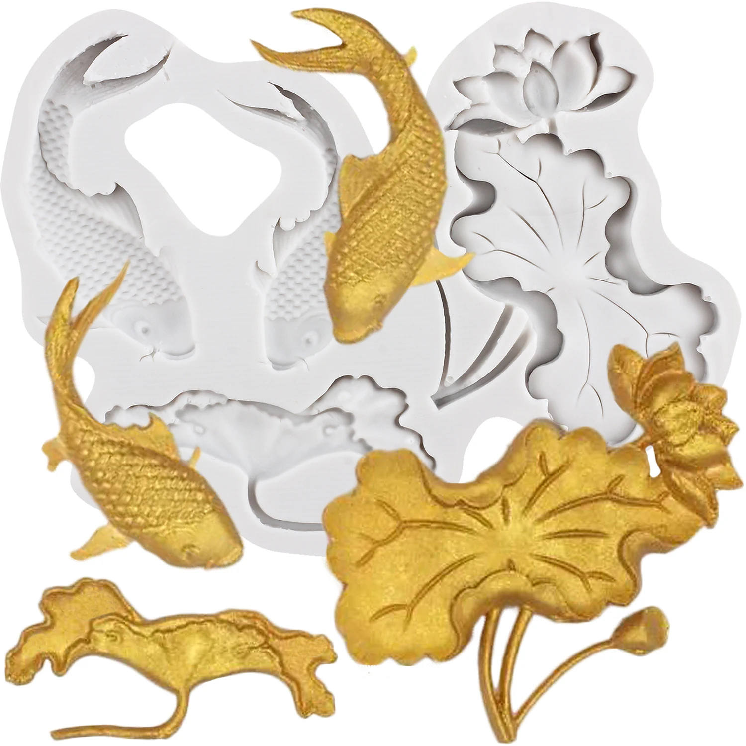 Lotusblume Silikonformen Koi Fisch Fondant Kuchen Dekorieren Werkzeuge Cupcake Topper Süßigkeiten Zucker Handwerk Kaugummi Paste Polymer Clay Image