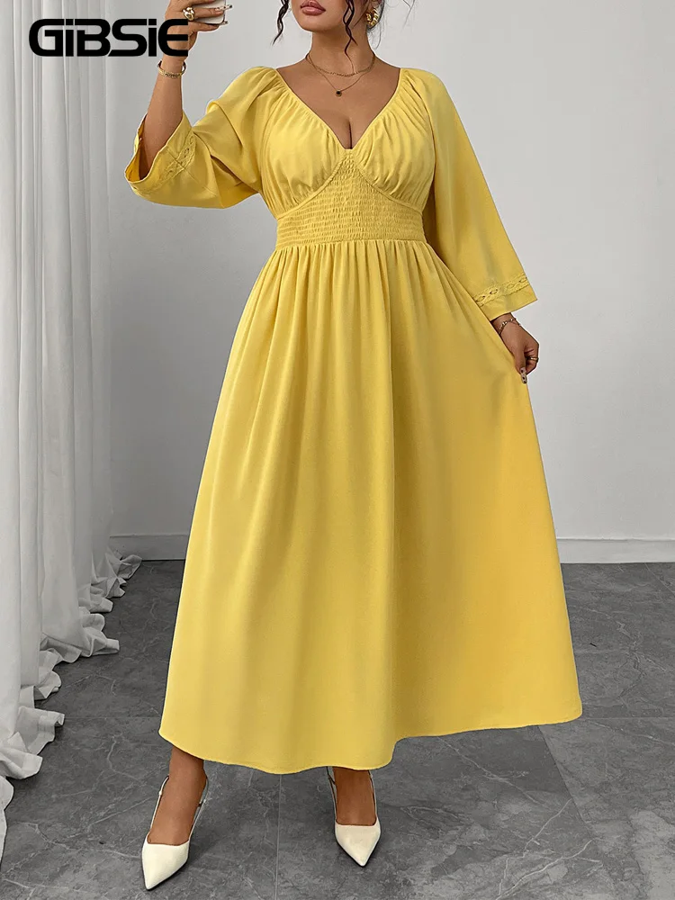 GIBSIE Plus Größe Tiefem V-ausschnitt Sexy Langes Kleid Frauen Herbst 2025, Neue Solide Party Elegante Hohe Taille Elastische A-linie Kleider