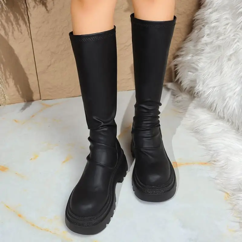 Sexy schwarze kniehohe Stiefel mit dickem Boden für Damen, 2025, Winterkomfort, Plattform, dicker Absatz, elastische lange Reitstiefel, Schuhe in Übergröße
