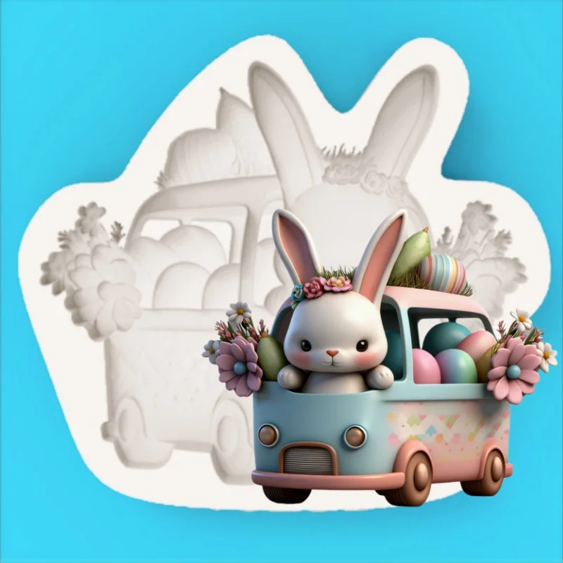 Fröhlicher Häschen-Fahrer-Form - Silikonform für einen Häschen-Fahrer, der einen Wagen mit Ostereiern fährt - Osterthemen-Dessertszene Schokoladen-Fondant-Kuchendekoration DIY-Form Image
