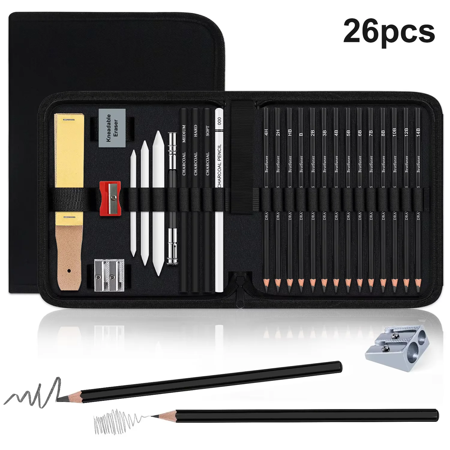 Skizzier- und Zeichenstifte, 26-teilig, Kunstbedarf, Zeichenstift-Set, Graphit- und Kohlestifte, professionelles Stiftset, für Erwachsene und Künstler Image