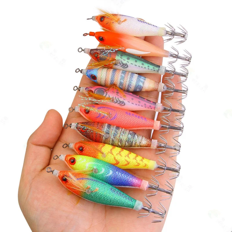 Leuchtender, langsam sinkender Holz-Garnelen-Tintenfisch-Köder mit horizontalem Balance-Design, Oktopus-Lockmittel zum Angeln Image