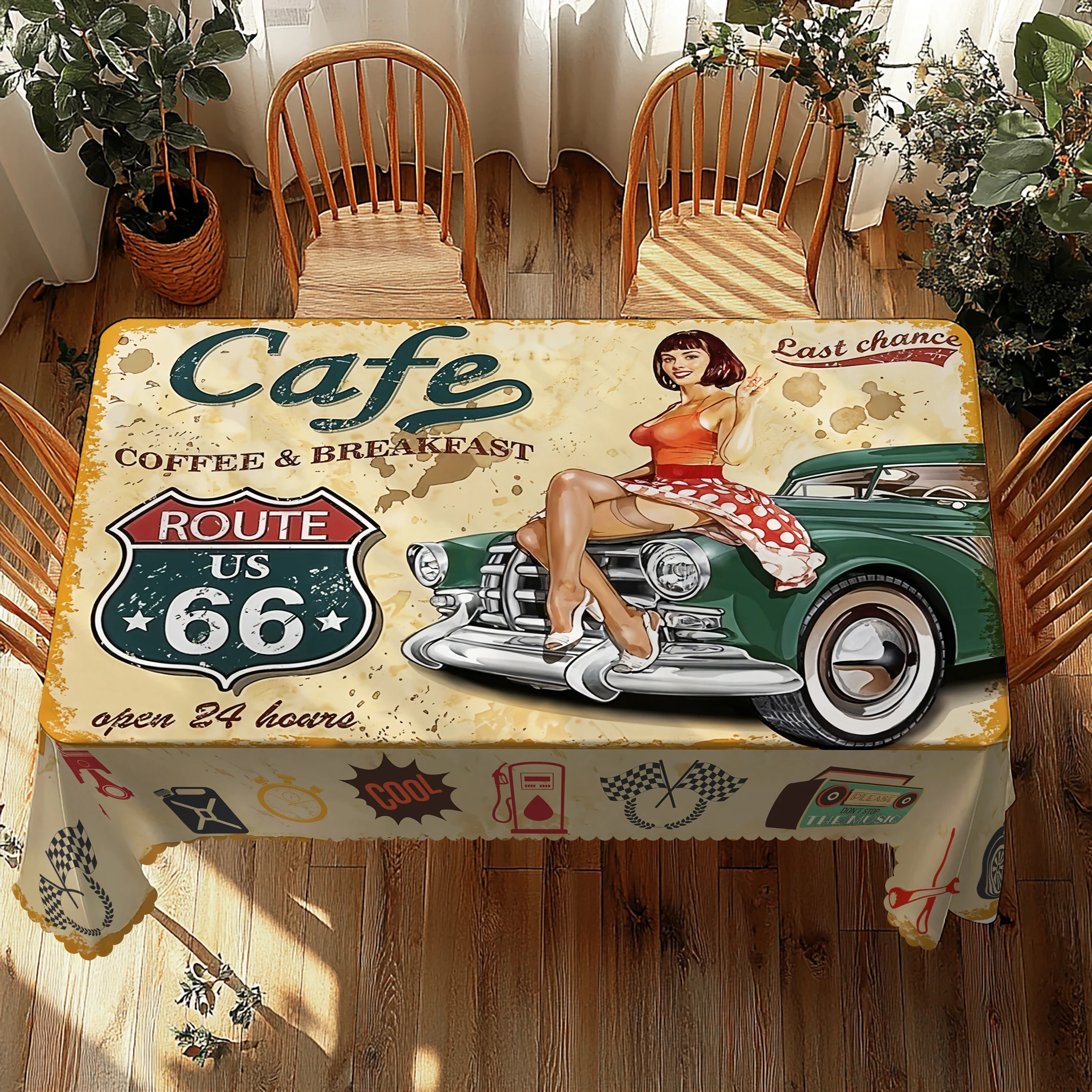 1 Stück, Retro-Atmosphäre-Tischdecke mit Kaffee-Auto-Motiv + 4 selbstklebende Aufkleber, Mädchen sitzt auf dem Auto, Druckmuster, Rennflaggen-Radiopatroon, Raumdekoration, Party-Tischdecke, Image
