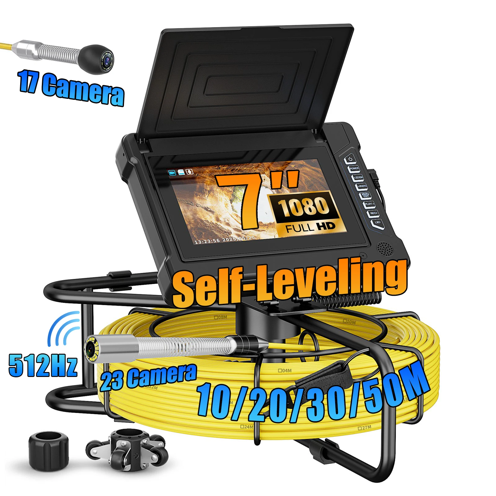 7-Zoll-Kanalinspektionskamera, 512-Hz-selbstnivellierende Kanalkamera mit 10/20/30/50 m Glasfaserkabel, 17 mm/23 mm HD-Endoskopkamera Image