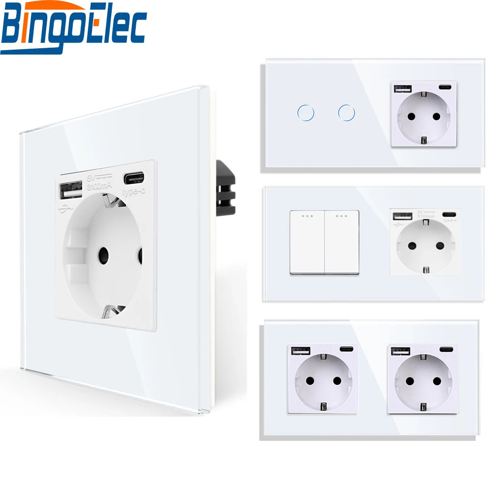 Bingoelec EU Standard Wand Licht Schalter weiß Kristall Glas Panel Schalter Panel Mit Steckdose Mit tomada usb typ-c Image